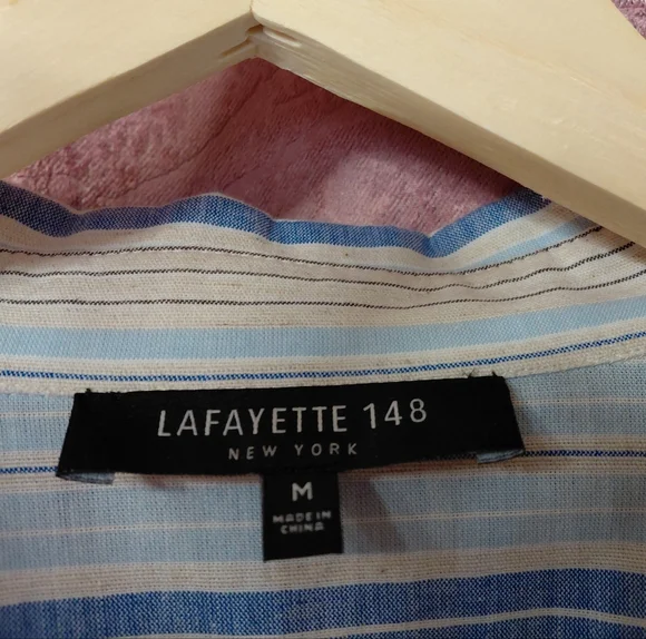 Women's Lafayette 148 NY Blue Ivory Striped Button-Down Shirt Linen Cotton - Picture 2 of 7